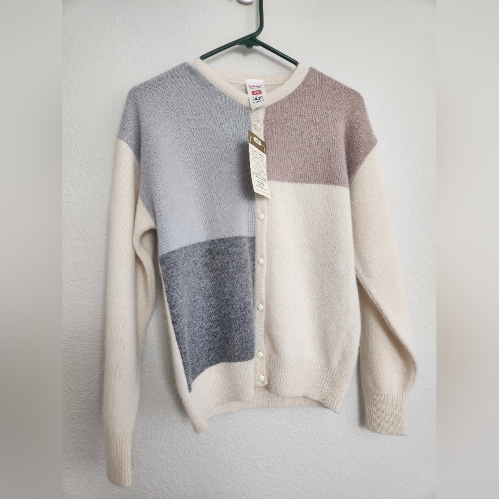 ST MICHAEL color block LAMBS WOOL‎ button down cardigan SWEATER